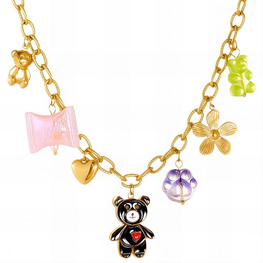 Y2K Charm Necklace 🧸🍬 18K Gold Plated Teddy Bear & Candy Charm Chain